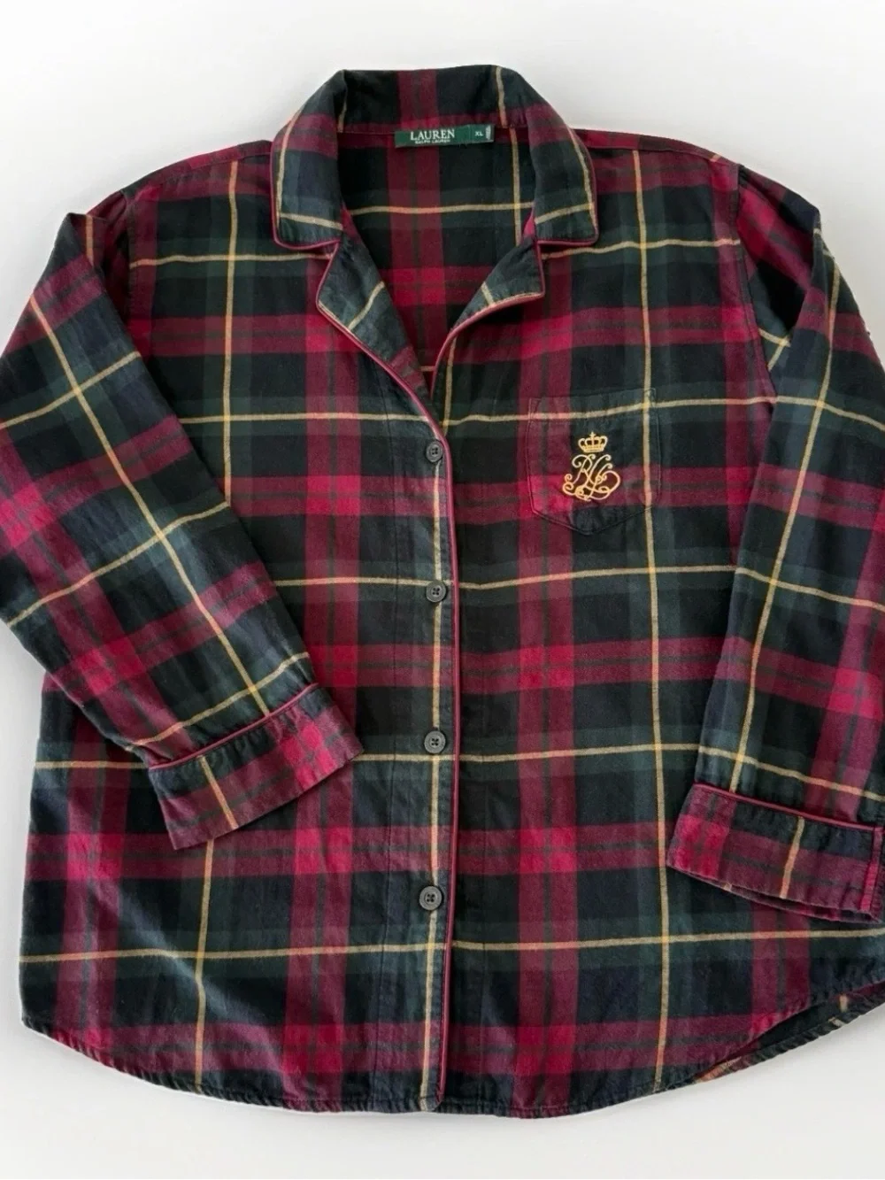 LAUREN Ralph Lauren Tartan Plaid Logo Flannel Leopard Collar Pajama Set Women XL